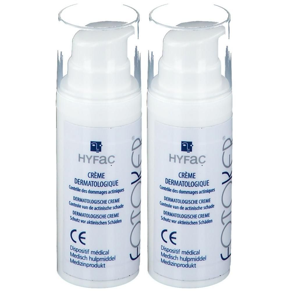 Deux pots de crème dermatologique HYFAC avec distributeurs à pompe. Marquage CE visible.
