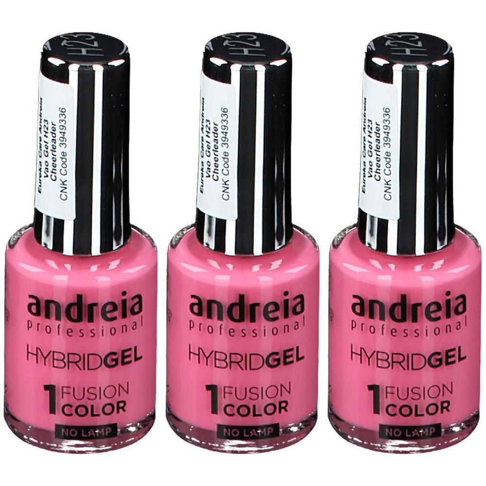 Trois flacons de vernis à ongles rose Andreia Professional Hybridgel.