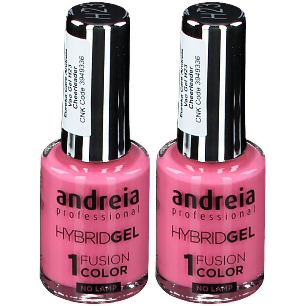 Twee flessen roze hybride gel nagellak van Andreia Professional.