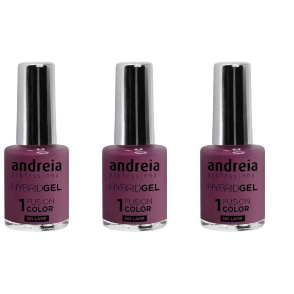 Trois flacons de vernis à ongles Andreia Hybridgel violet.