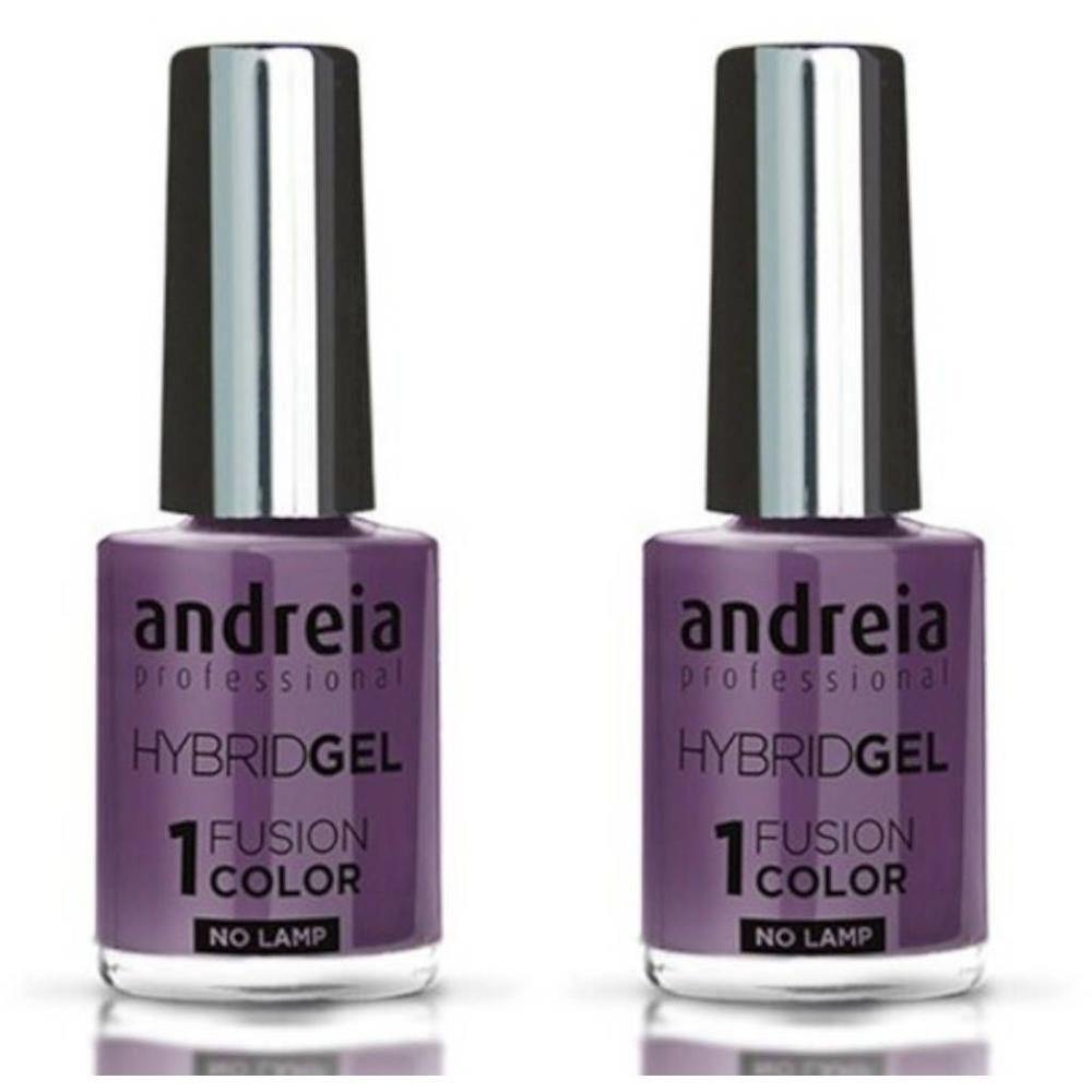 Twee flacons Andreia Hybridgel nagellak in lavendelkleur. "1 FUSION COLOR NO LAMP" staat op het etiket.
