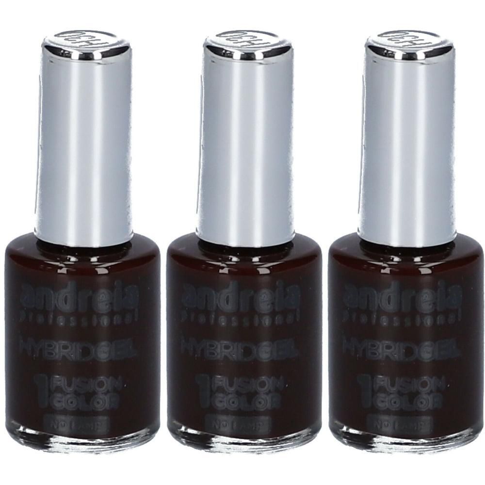 Trois flacons de vernis à ongles Andreia Hybridgel brun foncé avec capuchons argentés.