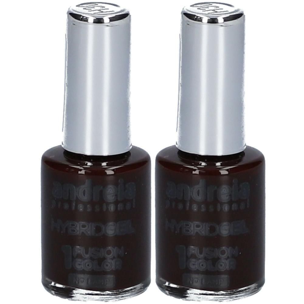 Twee flessen Andreia Hybrid Gel nagellak in donkerbruin met zilveren doppen.