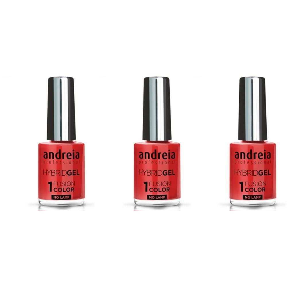 Trois flacons de vernis hybride rouge avec capuchons argentés. Marque : Andreia.