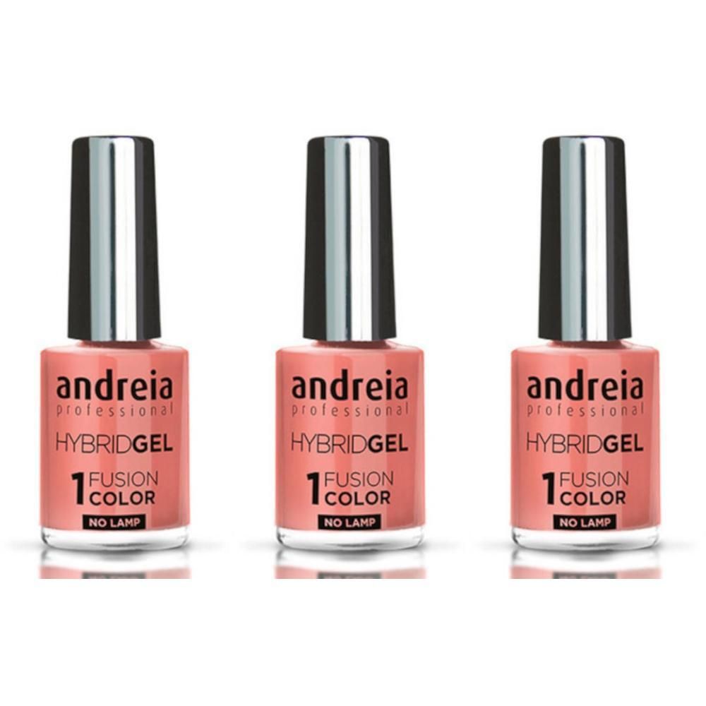 Trois flacons de vernis à ongles Andreia Hybridgel Corail Océan.