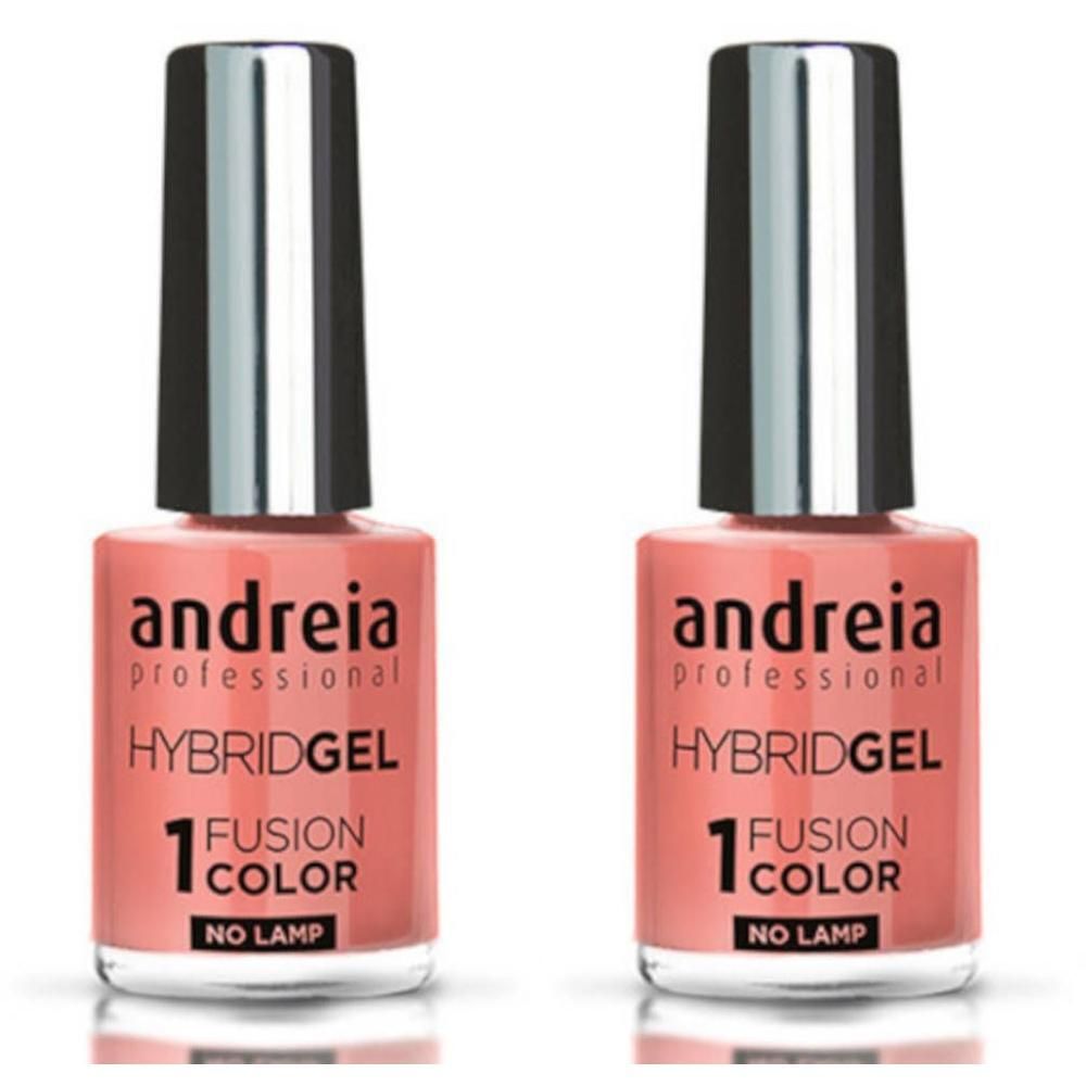 Twee flacons Andreia Hybridgel nagellak in koraalkleur. "1 FUSION COLOR NO LAMP" is zichtbaar op het etiket.