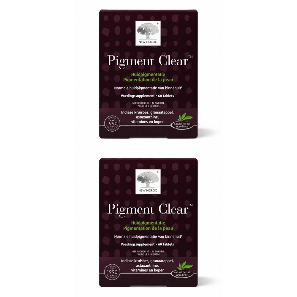 Deux boîtes de New Nordic Pigment Clear, complément alimentaire, 60 comprimés par boîte.