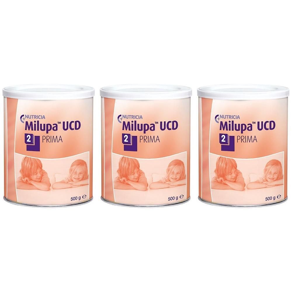 Trois boîtes de lait Milupa UCD 2 Prima pour nourrissons, 500g chacune.