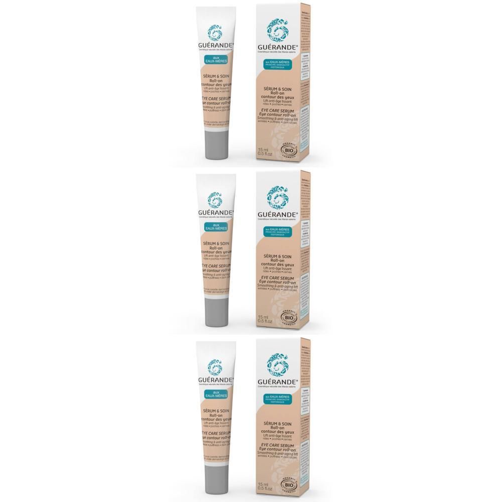 Drie tubes en doosjes met Guérande Bio Oogcontour Serum Roll-On.