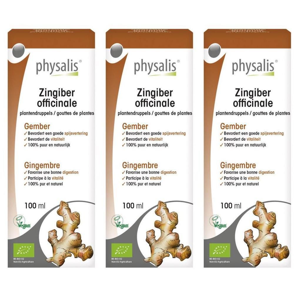 Trois paquets de gouttes Physalis Zingiber Officinale, 100 ml chacun, avec image de gingembre et label bio.