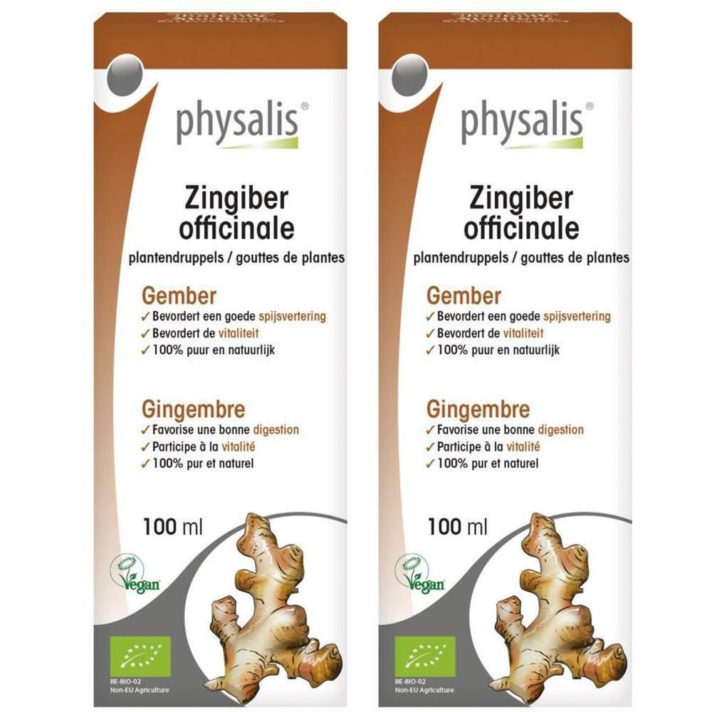 Deux flacons Physalis Zingiber Officinale, 100 ml chacun. Illustration de racine de gingembre et label Bio.