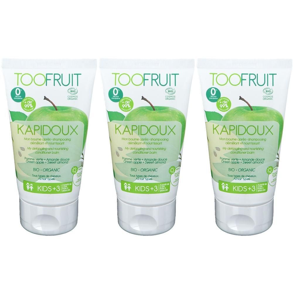 Drie TOOFRUIT Kapidoux Kinderconditioners met groene appel en zoete amandel. Biologisch gecertificeerd.