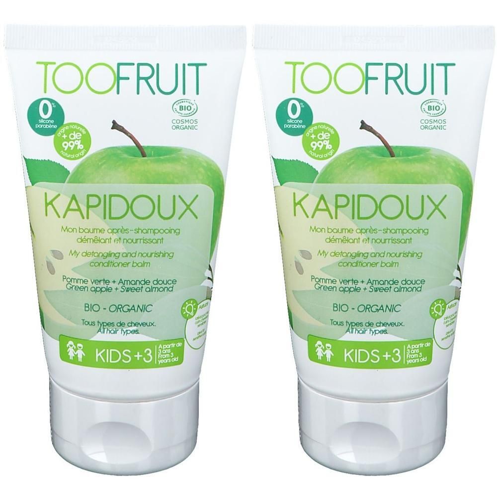 Deux après-shampooings TOOFRUIT Kapidoux pour enfants pomme verte et amande douce bio.