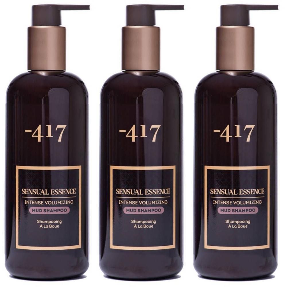 Drie donkere flessen met pompdosers, gelabeld "-417 Sensual Essence Intense Volumizing Mud Shampoo".