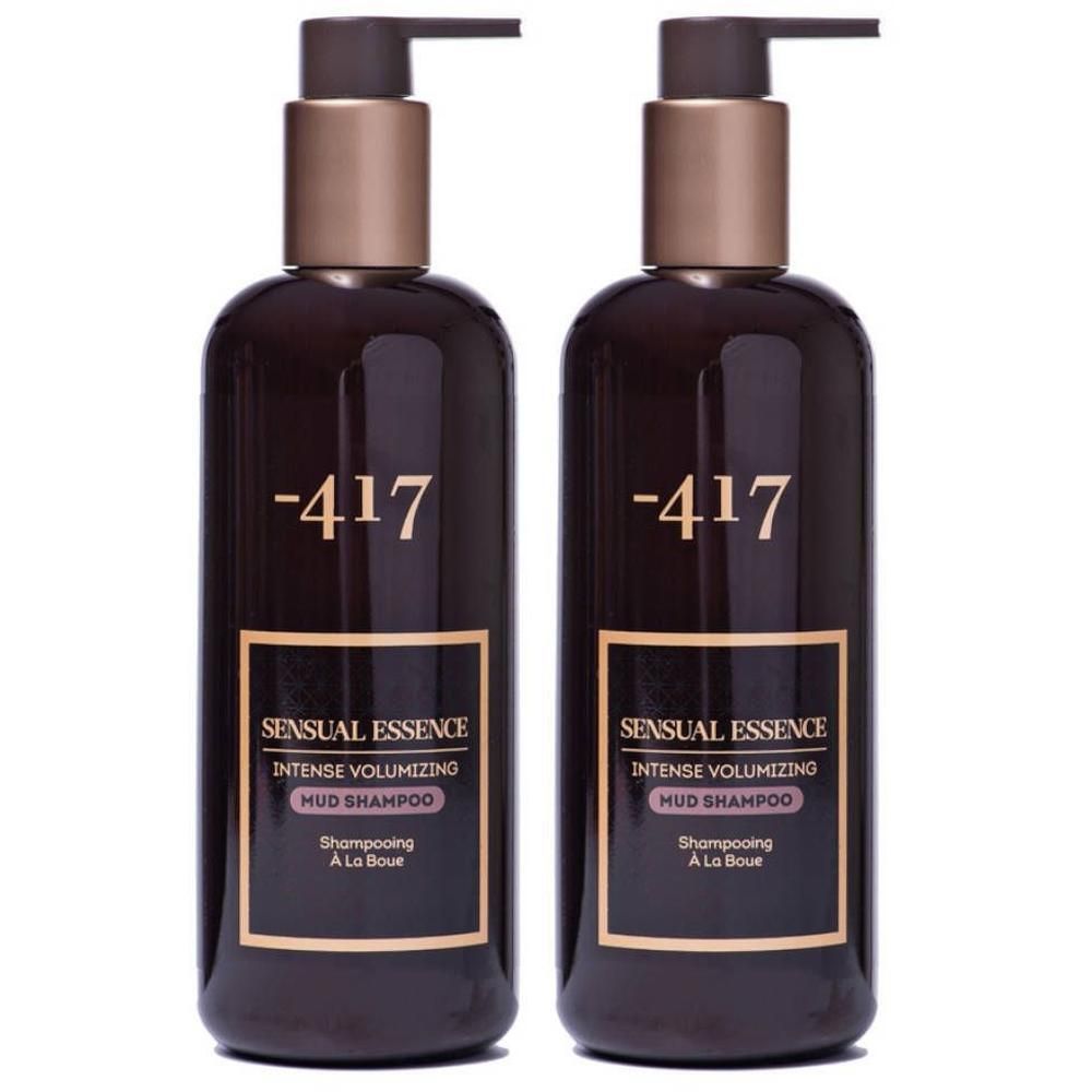 Deux flacons pompe foncés avec inscription "-417 Sensual Essence Intense Volumizing Mud Shampoo".