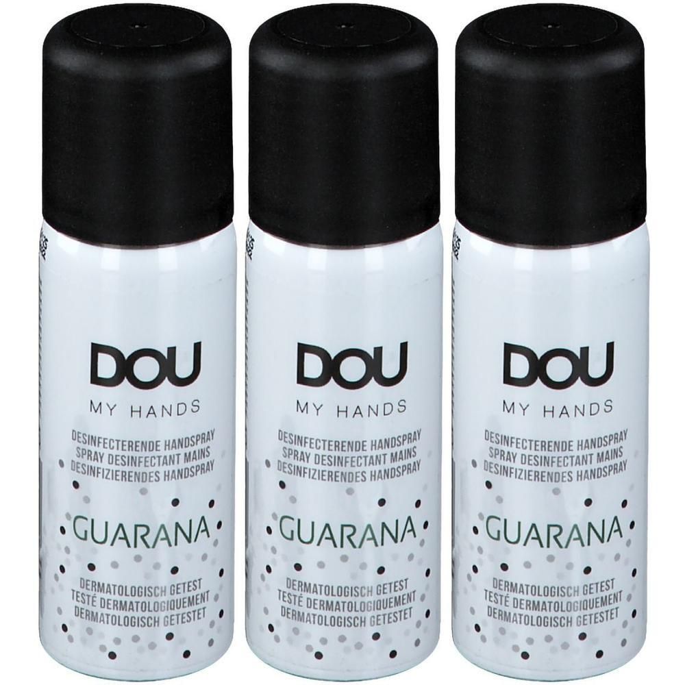 Drie DOU My Hands desinfecterende sprays met Guarana. Dermatologisch getest.