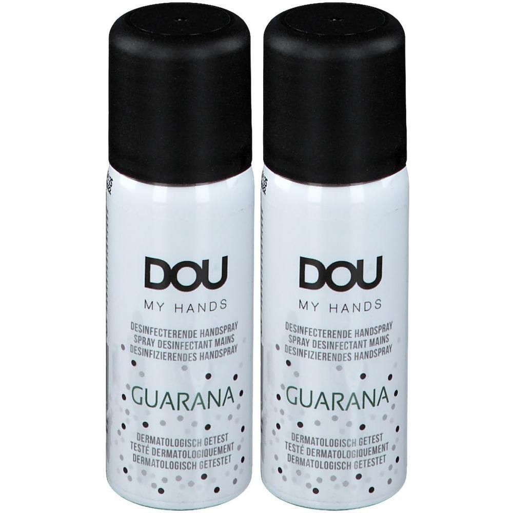 Deux flacons DOU My Hands Spray Guarana avec bouchons noirs. Testé dermatologiquement.