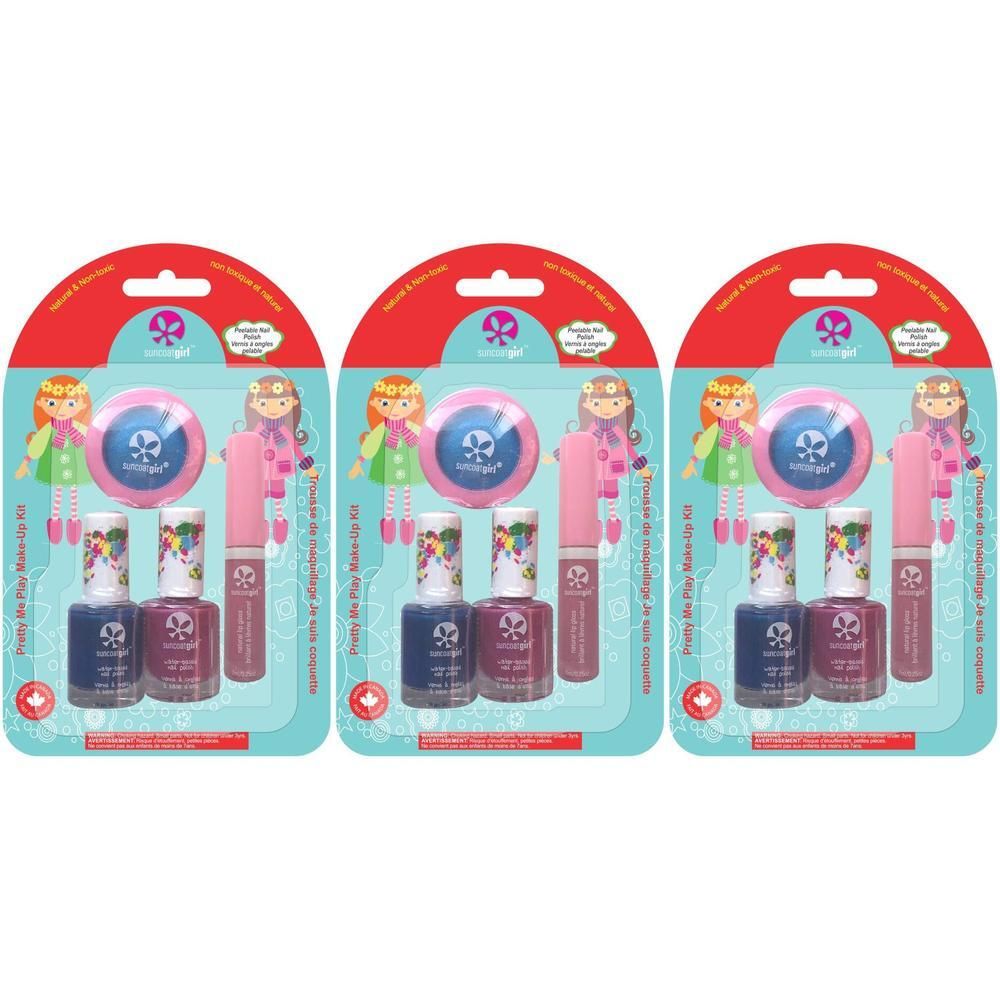 Trois coffrets de maquillage pour enfants, chacun contenant deux vernis à ongles, un brillant à lèvres et un miroir.
