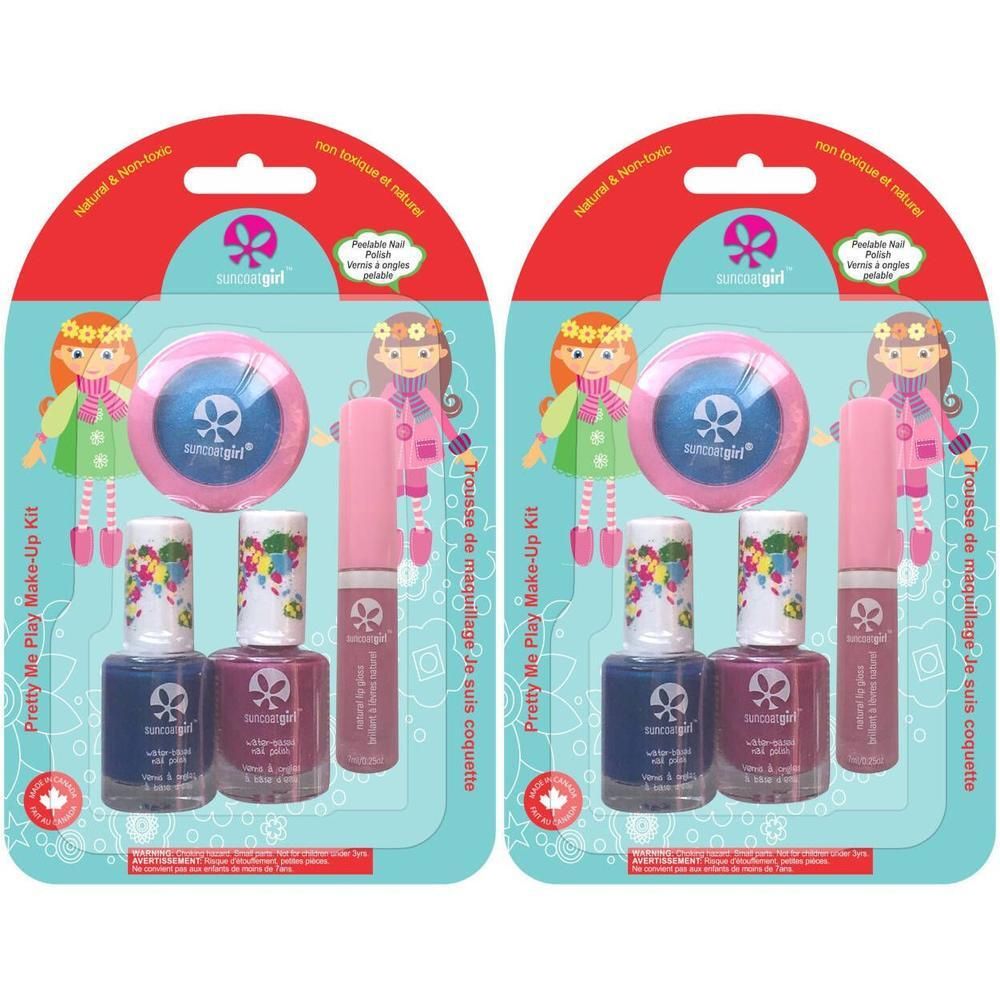 Twee SuncoatGirl Pretty Me Play Make-Up kits met elk twee nagellakken, een oogschaduw en een lippenstift.
