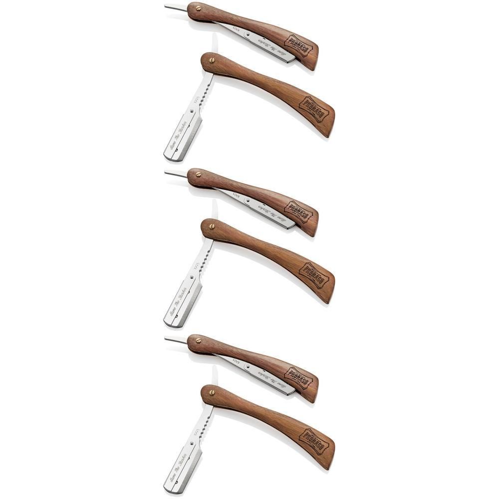 Cinq rasoirs coupe-choux avec manche en bois et lame argentée.