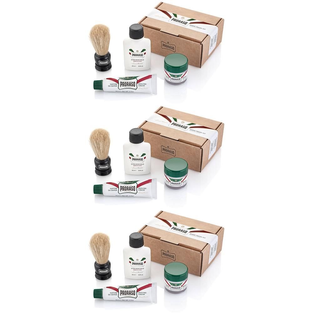 Kit de rasage Proraso pour le voyage, avec blaireau, mousse, après-rasage et crème à raser dans une boîte.