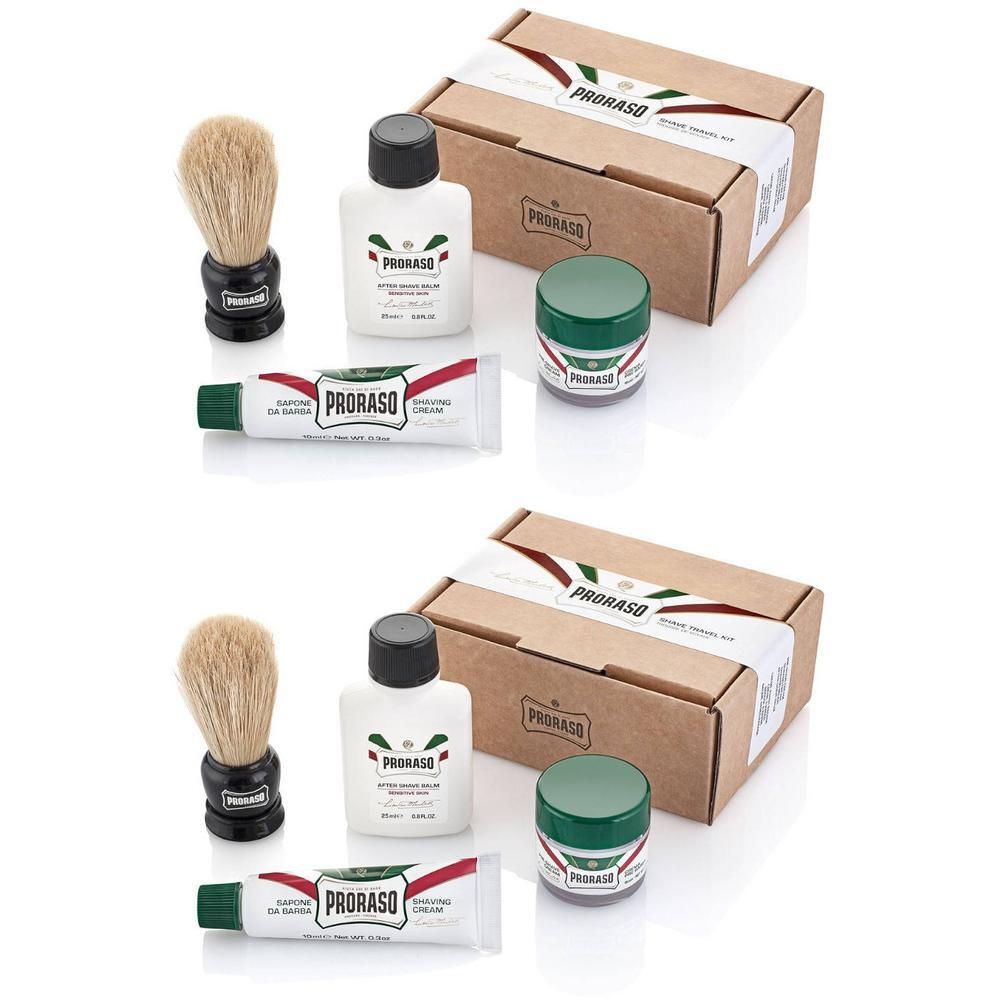 Kit de rasage de voyage Proraso avec blaireau, crème à raser, baume après-rasage et crème de prérasage.