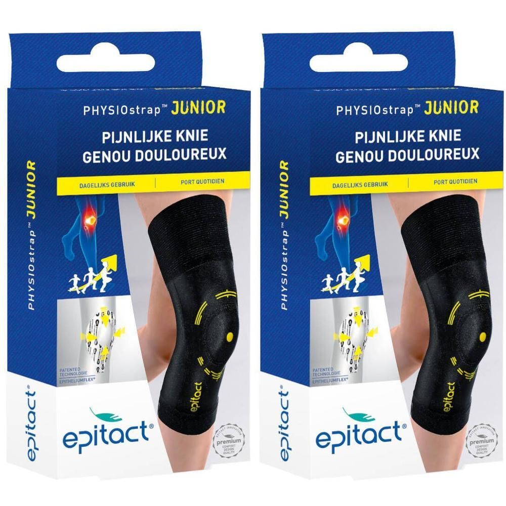 Epitact PHYSIOstrap Junior kniebrace voor pijnlijke knie, maat 1. Zwart gebreid met gele markeringen.