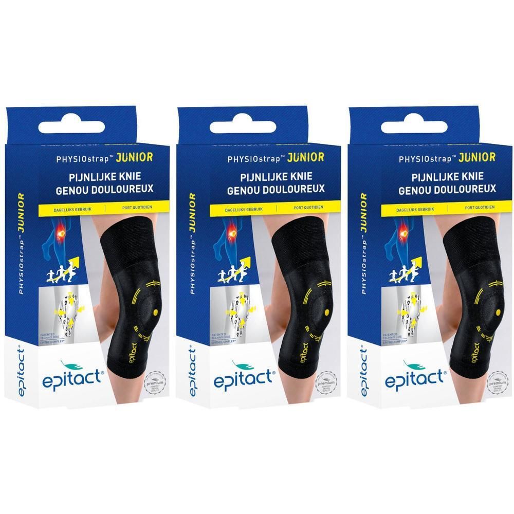 Drie Epitact PHYSIOstrap Junior kniebraces in verpakking. Zwart gebreid met gele accenten.