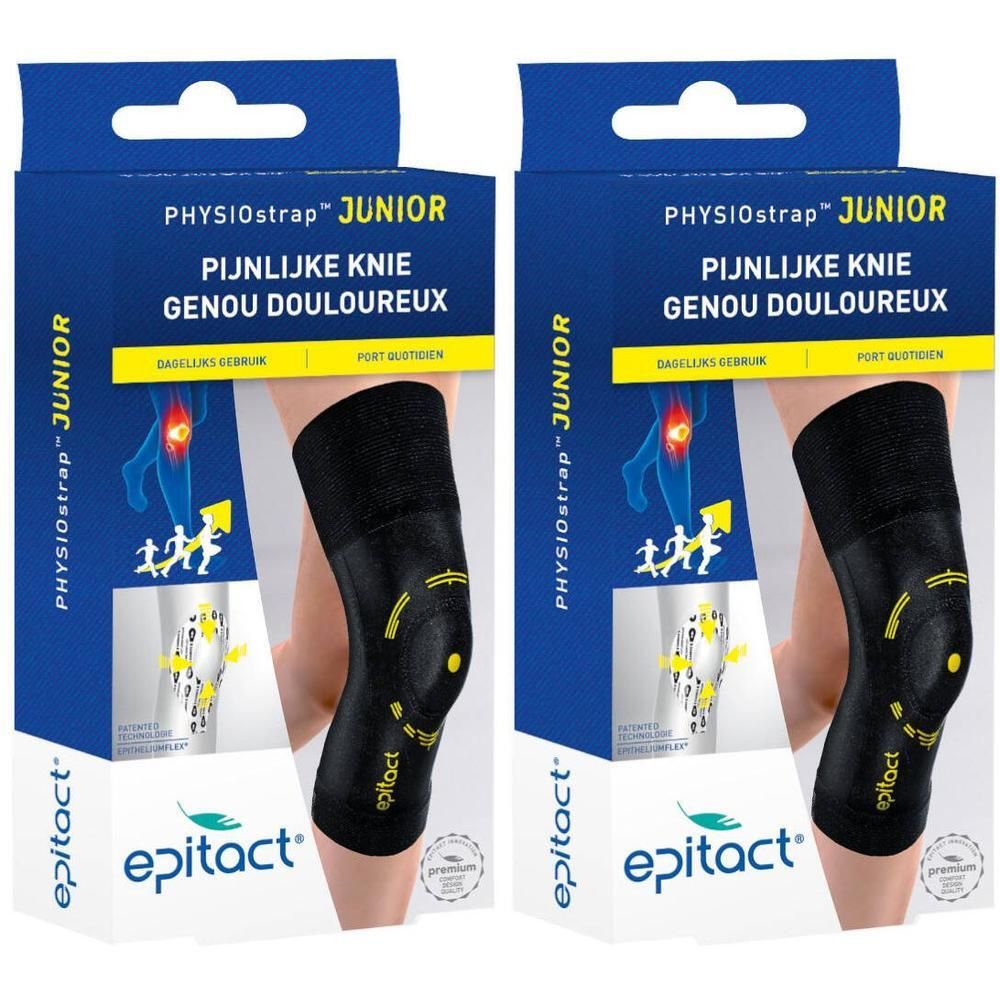 Twee Epitact Physiostrap Junior kniebandages in zwarte stof met gele accenten op de verpakking.