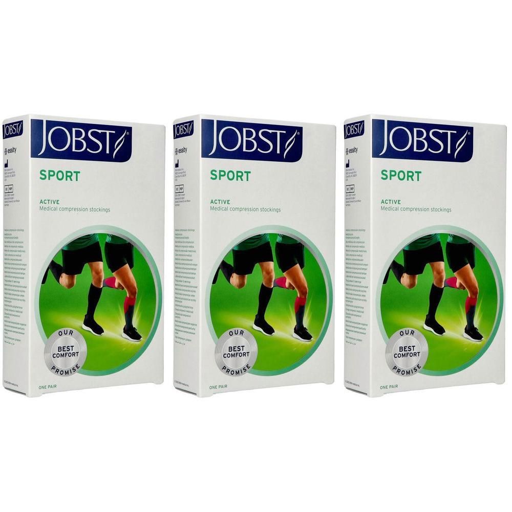 Drie pakken Jobst Sport compressiekousen. Witte dozen met afbeelding van benen in zwarte kousen.