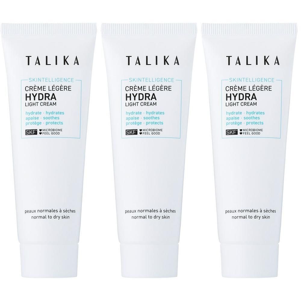 Trois tubes blancs de TALIKA Skintelligence Hydra Light Cream pour peaux normales à sèches.