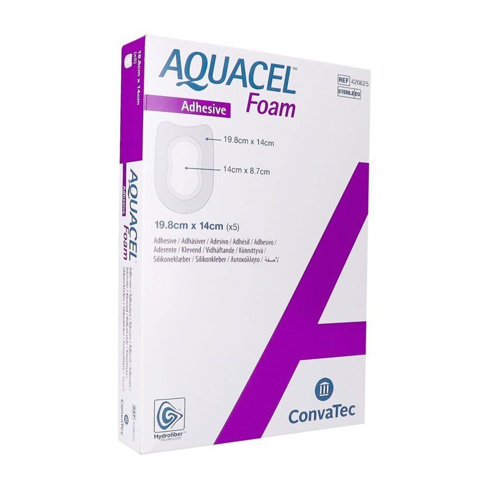 Pansement Aquacel AG Foam adhésif, 19,8x14cm. L'emballage montre les dimensions et le fabricant ConvaTec.