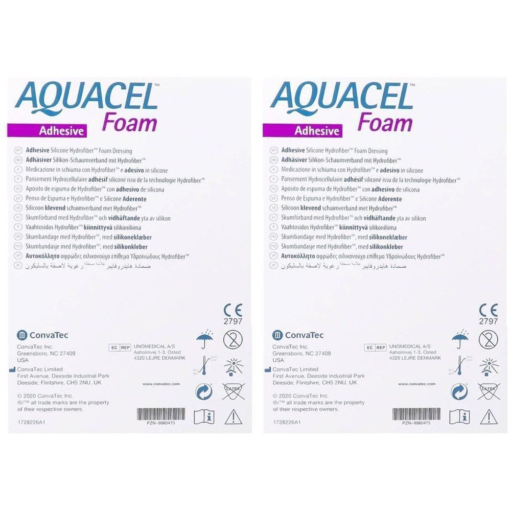 Deux paquets de pansement adhésif Aquacel Foam. Étiquetage multilingue.