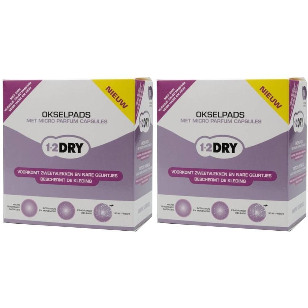 Deux boîtes de 1-2 DRY Patchs Aisselle avec capsules de parfum. Prévient les taches de sueur et les odeurs.