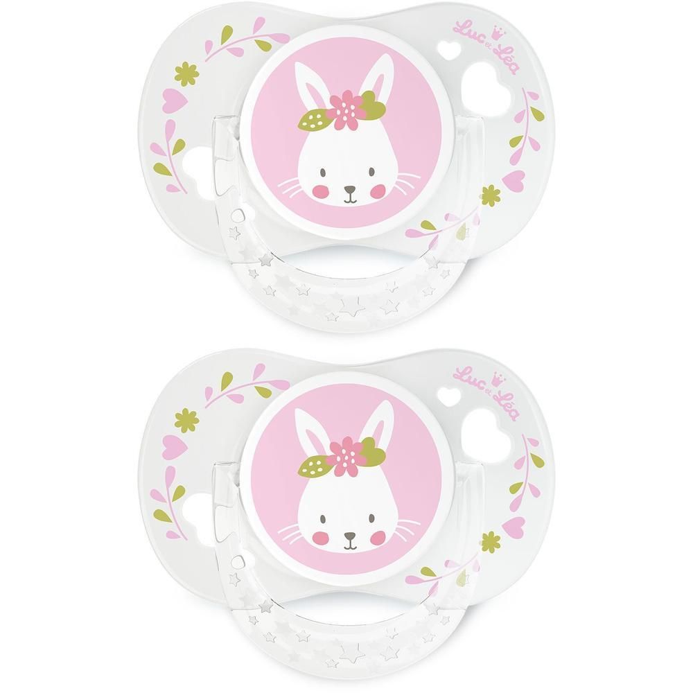 Deux sucettes avec motif lapin et guirlandes de fleurs. Forme anatomique, 0-6 mois.