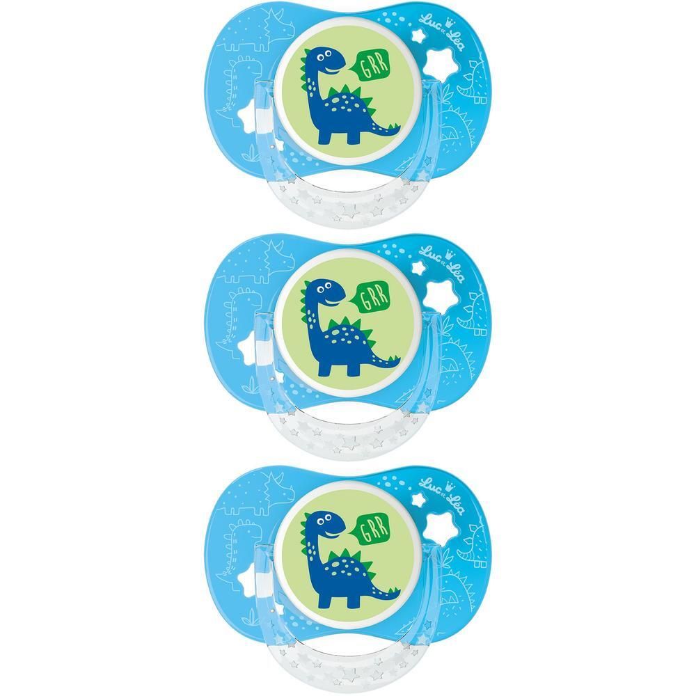 Drie blauwe fopspenen met dinosaurusprint en 'GRR'-ballon. Voor baby's van 6-18 maanden.