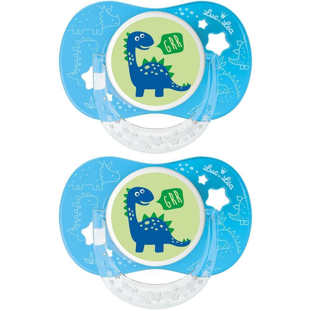 Twee blauwe fopspenen met dinosaurusprint en "GRR"-ballon. Anatomische vorm.