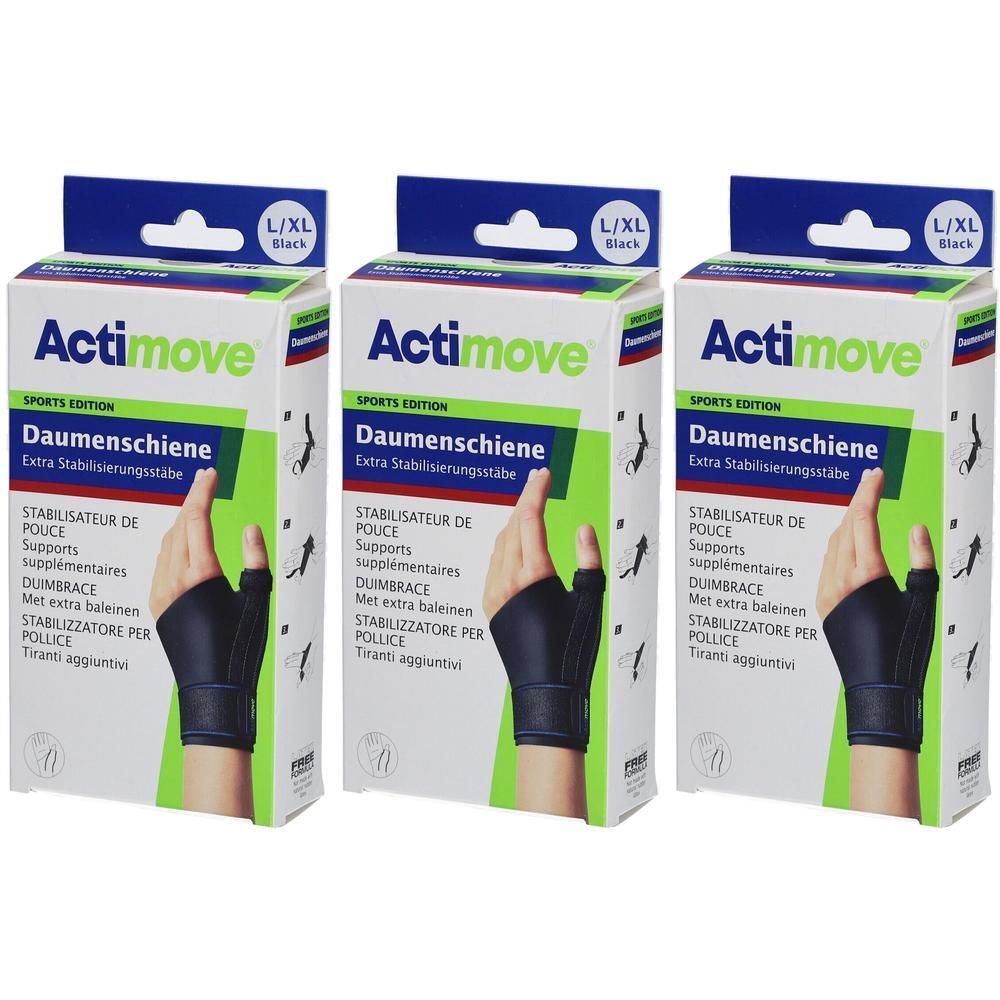 Trois supports stabilisateurs de pouce Actimove Sport noirs, taille L/XL, en emballage de vente au détail.