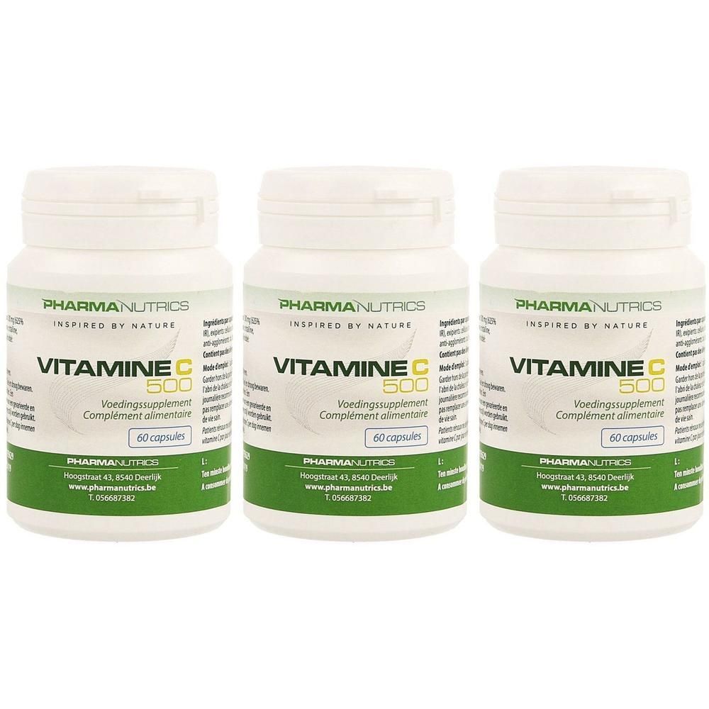 Trois flacons de Pharmanutrics Vitamine C 500 capsules.