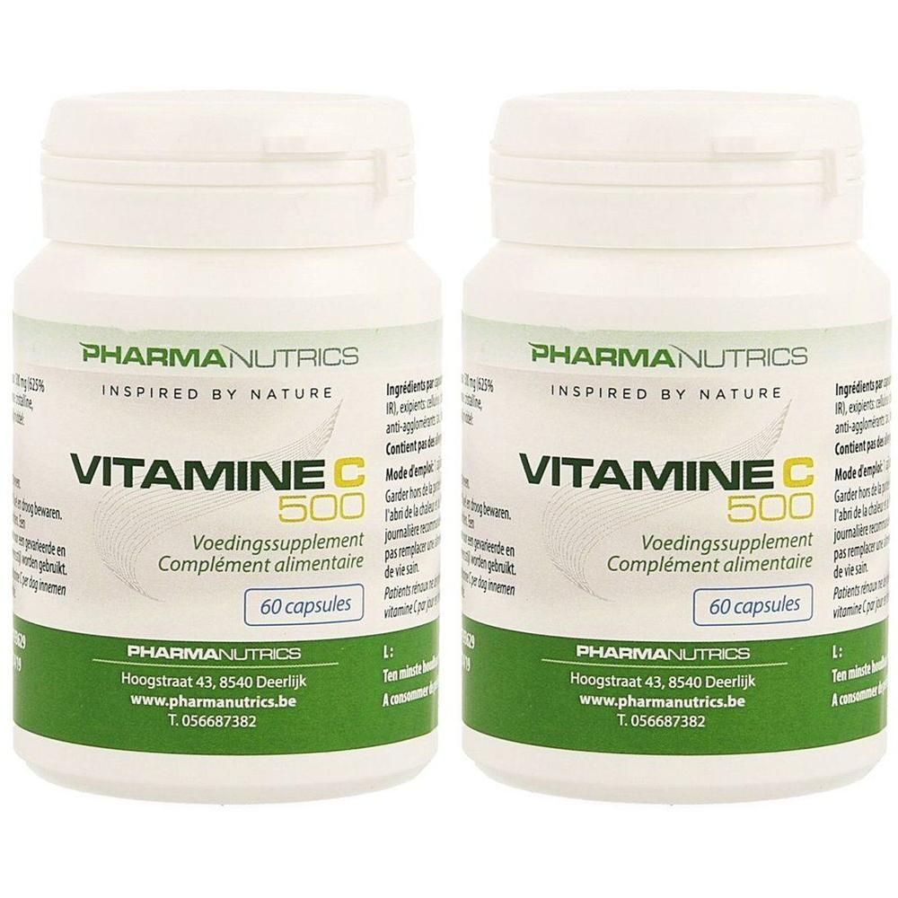Twee potten Pharmanutrics Vitamine C 500, elk 60 capsules.