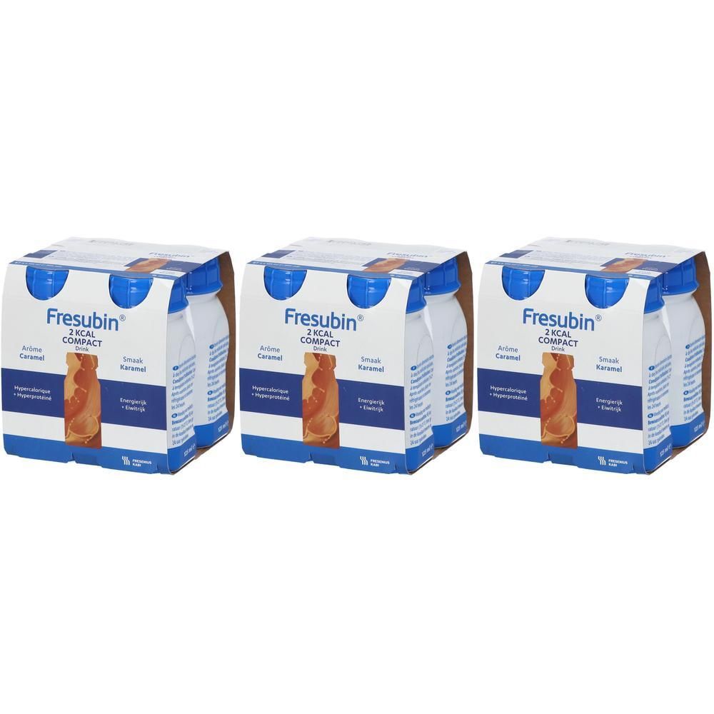 Trois paquets de Fresubin 2 Kcal Compact Drink Caramel, quatre bouteilles chacun.