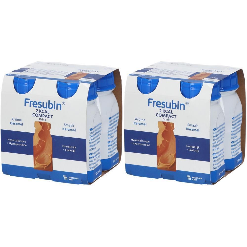 Fresubin 2 Kcal Compact Drink Caramel : Deux packs de quatre bouteilles chacun.