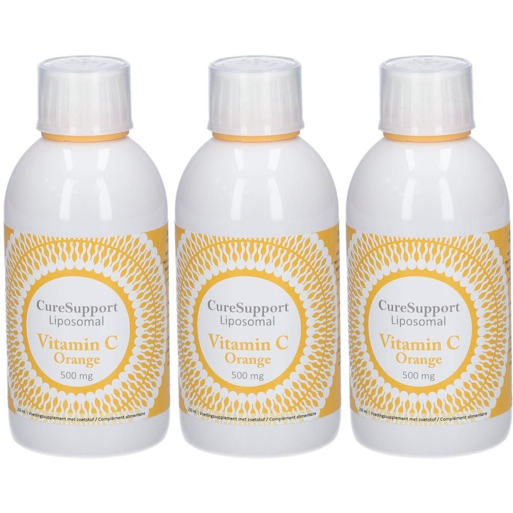 Trois flacons blancs CureSupport Liposomal Vitamine C Orange 500 mg avec étiquette jaune.
