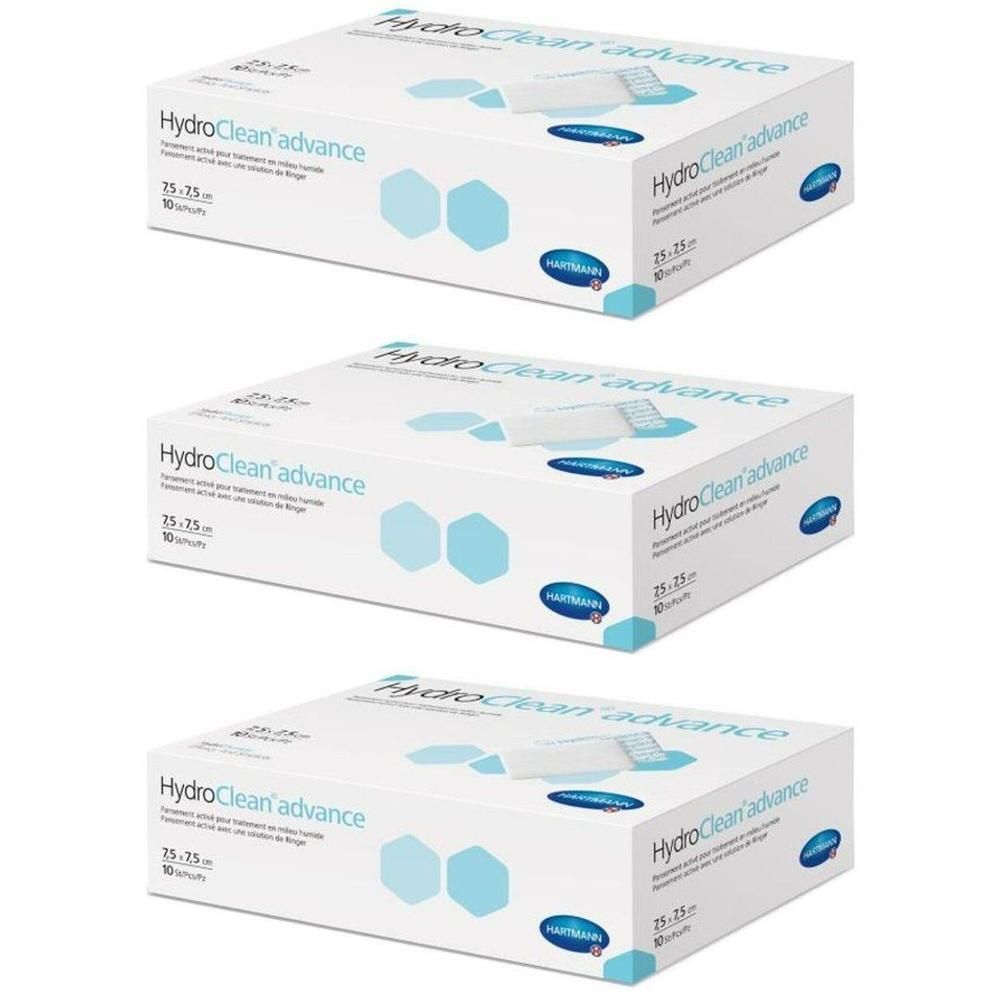Trois boîtes de lingettes Hartmann HydroClean Advance, 7,5 x 7,5 cm, 10 lingettes par boîte.