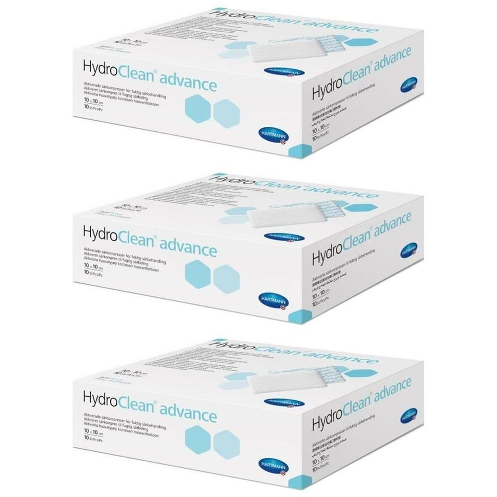 Trois boîtes de pansements Hartmann HydroClean advance, 10x10 cm.