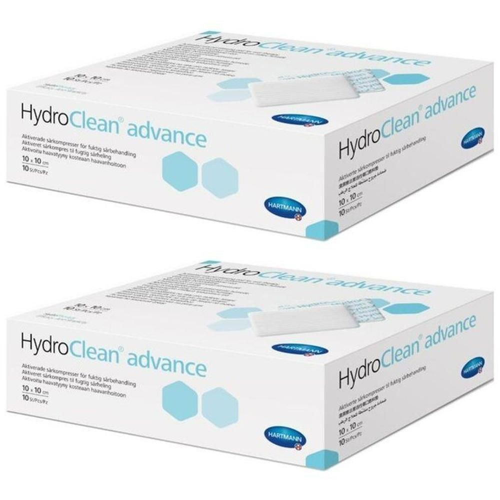 Deux boîtes de compresses Hartmann HydroClean Advance, 10x10 cm.
