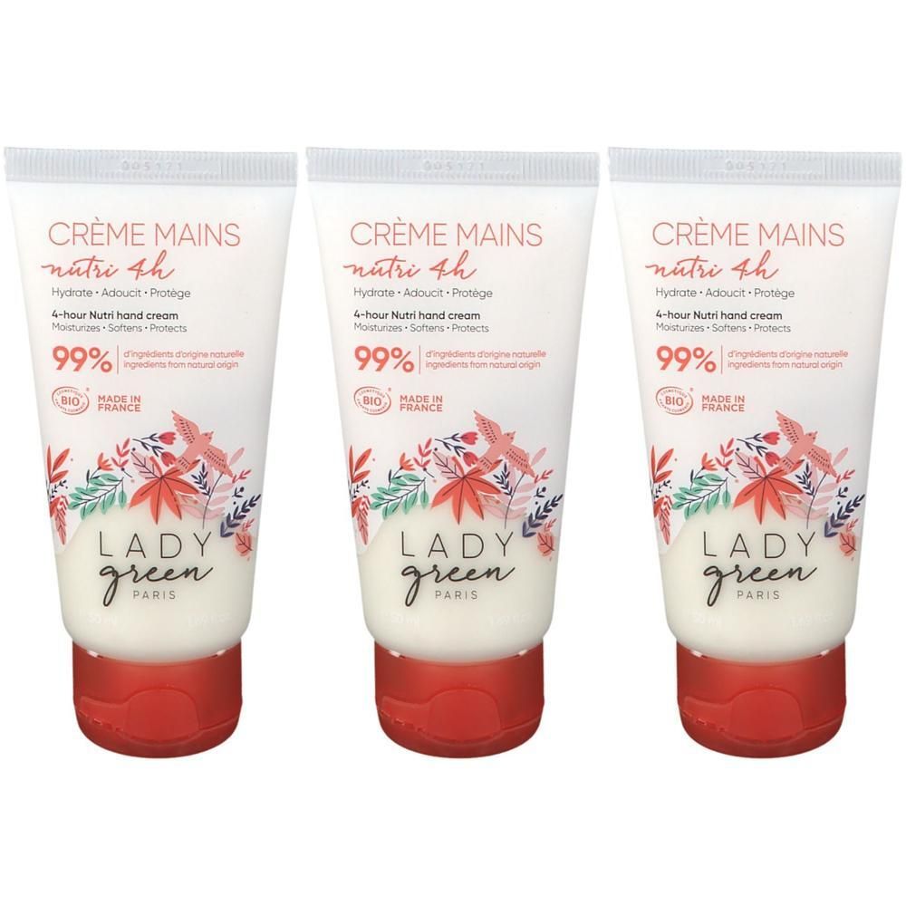 Drie tubes handcrème met bloemenprint en rode dop. "Crème Mains Nutri 4h" en "Lady Green Paris" zijn zichtbaar.