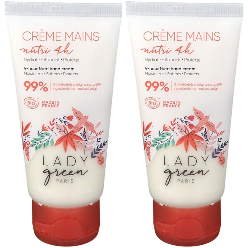 Deux tubes de crème mains avec bouchon rouge et design floral. Marque: Lady Green Paris.