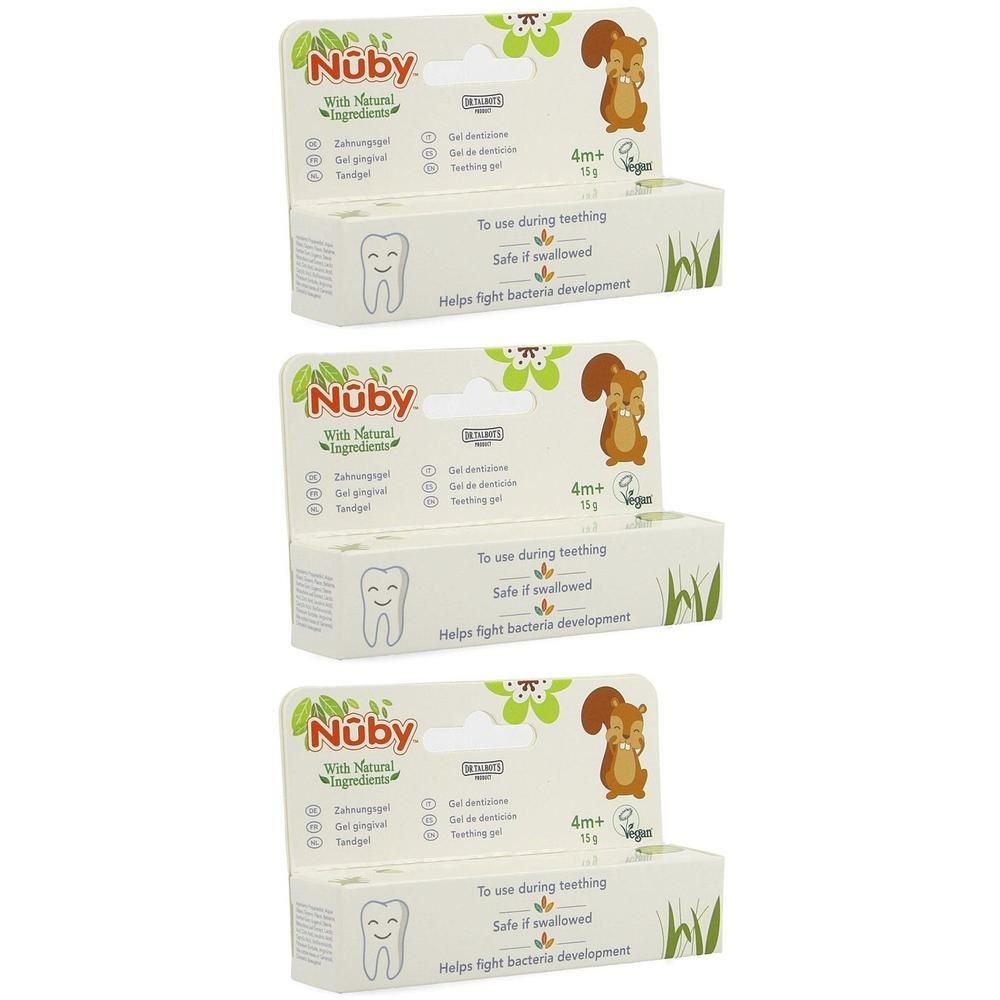 Trois boîtes de gel gingival Nûby pour bébés dès 4 mois, avec un écureuil.