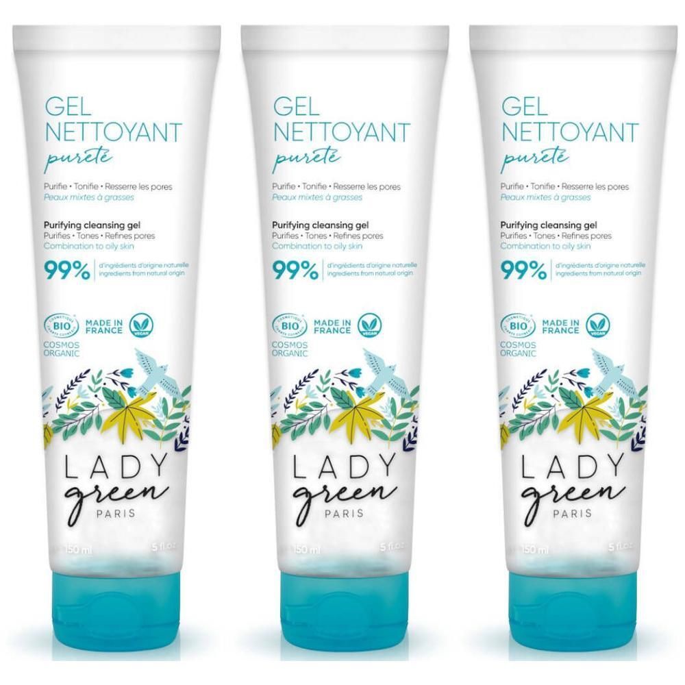 Drie tubes Lady Green Gel Nettoyant Pureté Bio, zuiverende reinigingsgel voor gecombineerde tot vette huid.